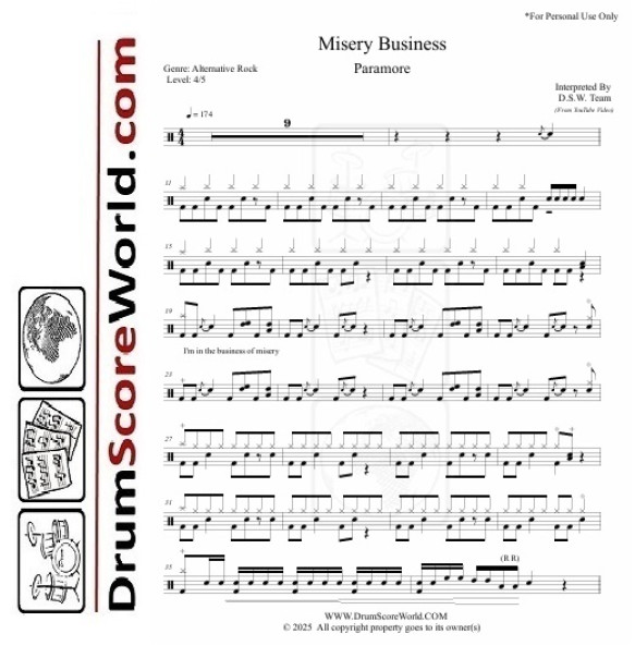 Paramore - Misery Business - Drum Sheet & Play-Along Track